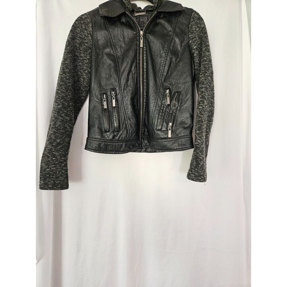 J2 Womens Sm Black Faux Leather Jacket Zip Pockets‎ Removable Hood bomber Coat